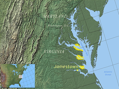 This is a geographical map showing the east coast of the United States along the middle of the Atlantic Ocean. From north, the locations of Maryland, Washington, D.C., Virginia and Jamestown are labeled on the map. The Chesapeake Bay extends from Maryland through Virginia. The mouths, or openings, of three tributaries along the western portion of Chesapeake Bay are highlighted.