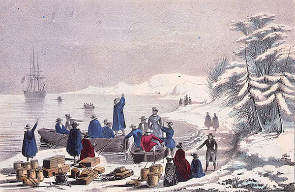 painting of the landing of the pilgrims on Plymouth Rock in a snowy December, 1620