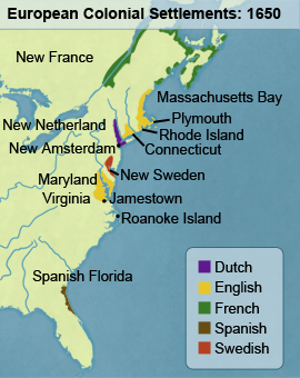European Colonial Settlements: 1650 map showing Dutch settlements: New Netherland and New Amsterdam; English settlements: Massachusetts Bay, Plymouth, Rhode Island, Connecticut and settlements in Maryland and Virginia including Jamestown and Roanoke; French settlement: New France; Spanish settlement: Spanish Florida; and Swedish settlement: New Sweden. All settlements are along the east coast.