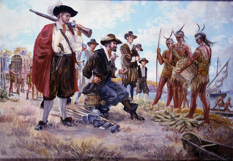This painting depicts Captain John Smith trading goods with Native Americans.