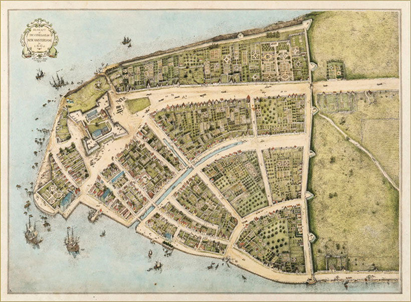 map showing New Amsterdam from above in 1620