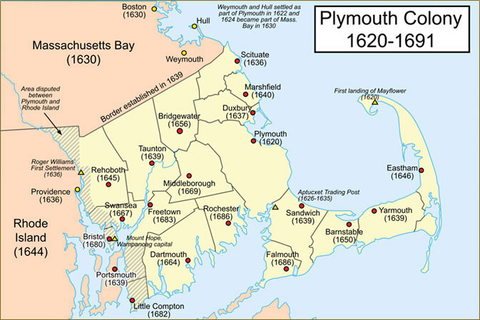 map showing Plymouth Colony 1620-1691