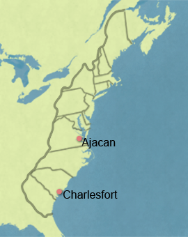 This map shows the east coast of the United States with borders for the original thirteen colonies. The Ajacan settlement is located near the mouth of the Chesapeake Bay in southern Virginia. The Charlesfort settlement is located on the coast of South Carolina.