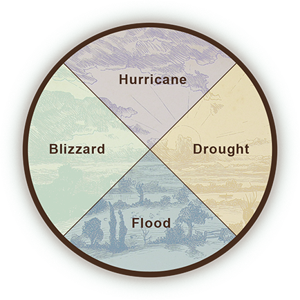 random spinner with four selections: Hurricane, Drought, Flood, Blizzard