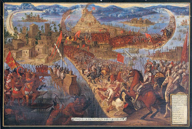 painting depicting Aztec people in battle with Spanish colonists