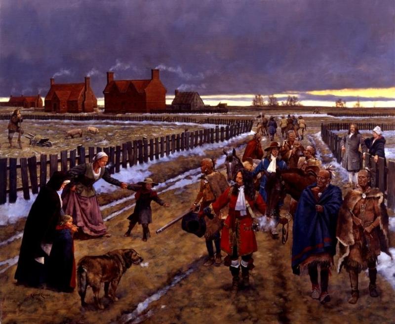 painting showing colonists and Native Americans walking through a settlement in the winter