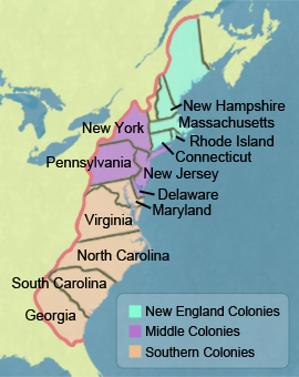 map showing the thirteen colonies (in order from north to south): New Hampshire, Massachusetts, Rhode Island, Connecticut, New York, Pennsylvania, New Jersey, Delaware, Maryland, Virginia, North Carolina, South Caroline and Georgia