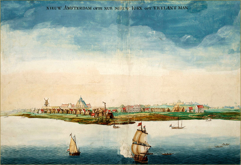 painting of boats approaching New Amsterdam