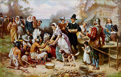 Native Americans and Pilgrims peacefully sharing a Thanksgiving meal together