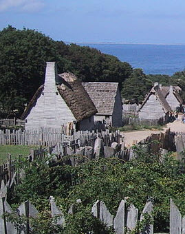 photograph of a real-life reproduction of a colonial settlement in Plymouth, Massachusetts